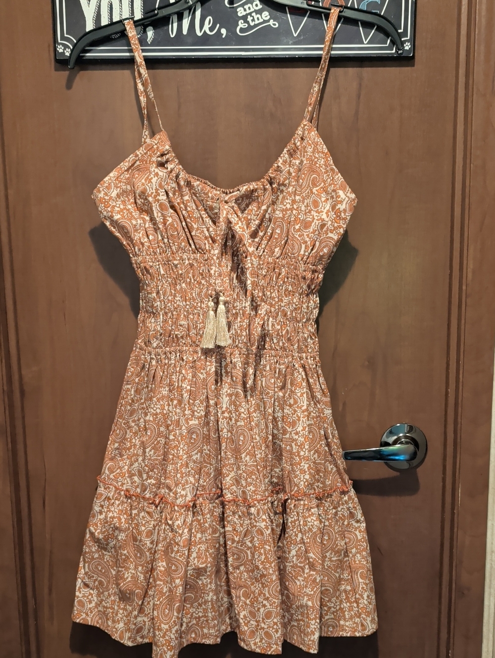 BEACHGOLD Rust Paisley Smocked Midi Dress with Tassel